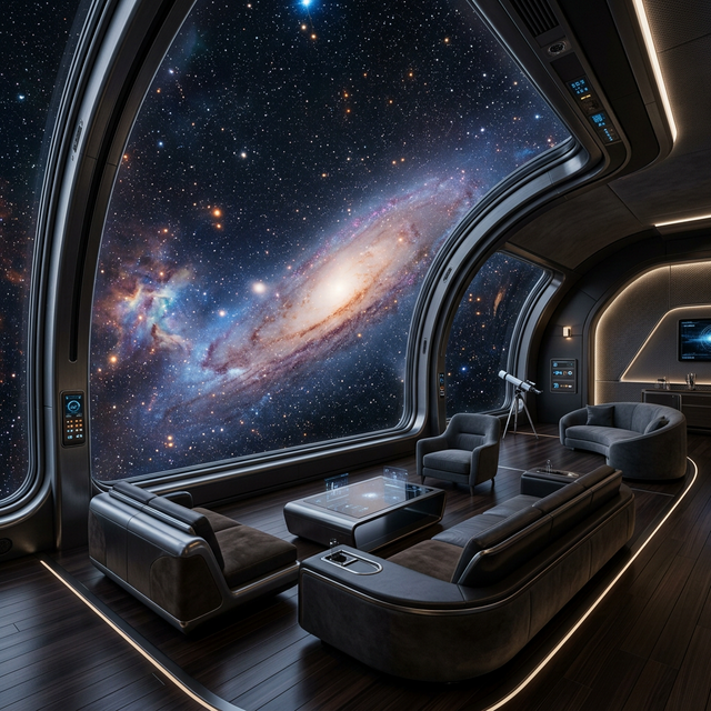 A hyper-realistic, cinematic view from the interior of a luxury space cruiser. A large panoramic window shows a stunning view of a distant galaxy and swirling space nebulae. No people, no women. Sophisticated, premium, futuristic interior. 8k resolution.
